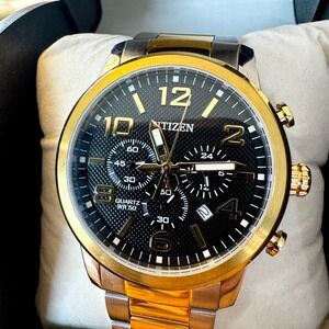 Citizen Two-Tone Quartz Chronograph Watch Gold Bezel Black Dial WR50 43mm